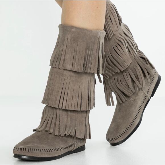Minnetonka Moccasins 3 Layer Fringe Boot Brown Suede 1632 Calf High Boots Size 8 - Picture 1 of 11